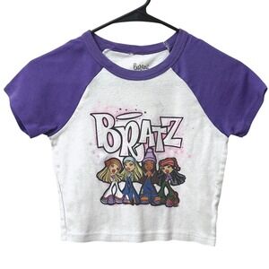 Bratz‎ Graphic Baby Tee Womens XS Purple White Raglan VTG Y2K Cartoon Doll Shirt